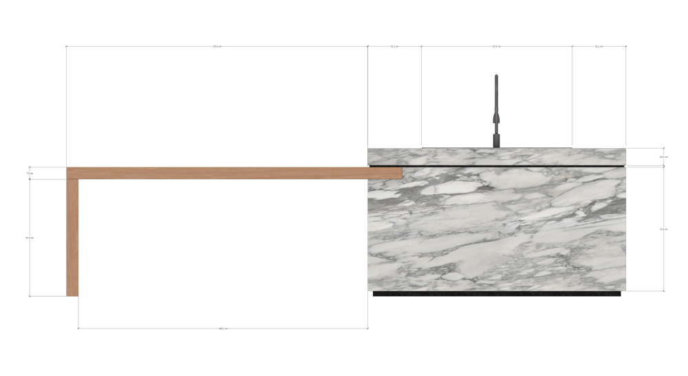 Detalle de la isla de cocina con madera y mármol