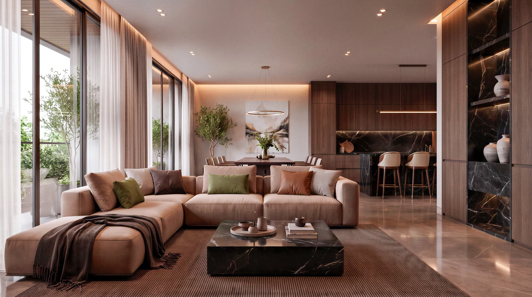 Interior contemporáneo con sala, comedor y cocina desarrollados por William Bledman